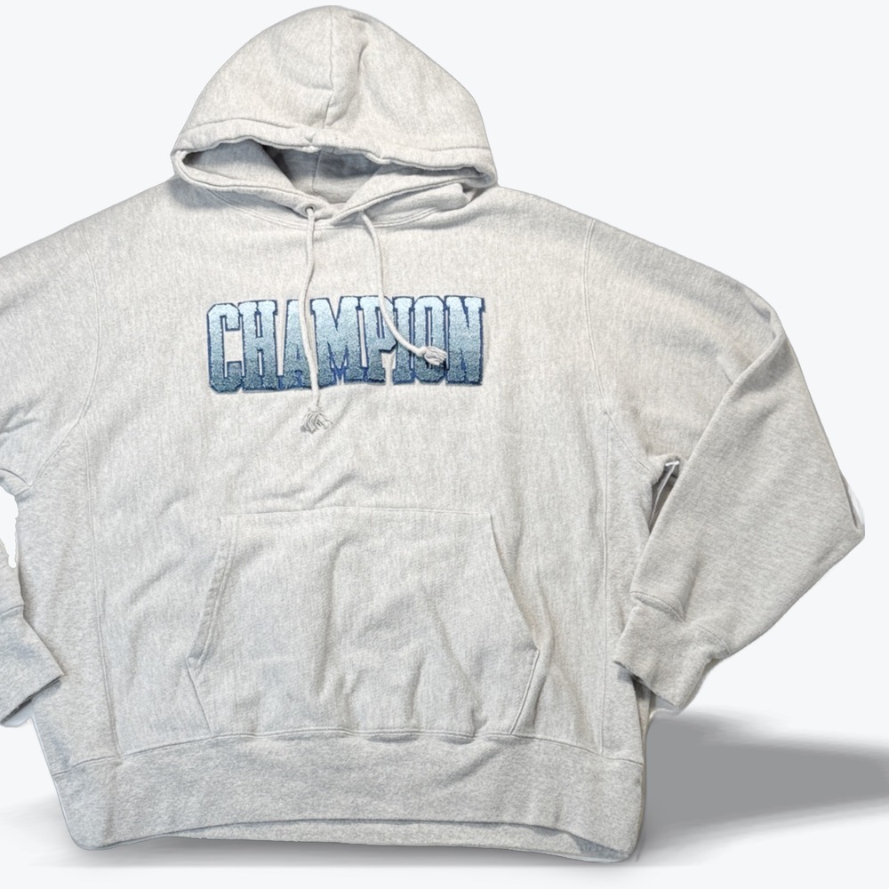 Champion Reverse Weave Hoodie Mens XL Grey Heather Blue Chenille Spellout GF68